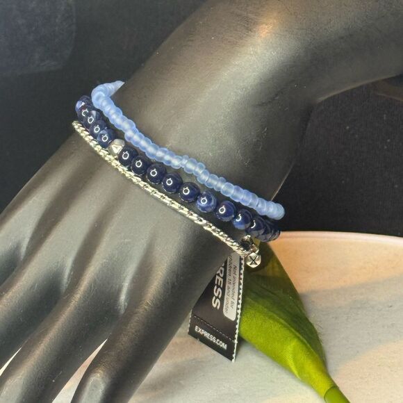 Express Set of 3 Stretch Blue and Silver Beaded Bracelet - Picture 1 of 10